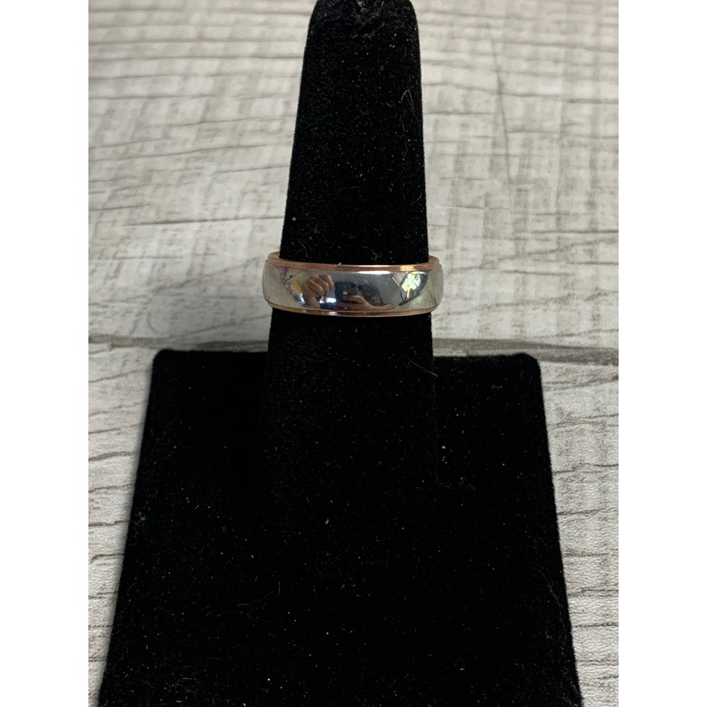 Two Tone Silver and Rose Gold Tone Comfort Fit Wedding Band Ring Size 8.25